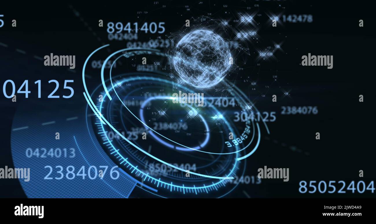 Bild von Zahlen, Bearbeitungskreis und Globus auf schwarzem Hintergrund Stockfoto