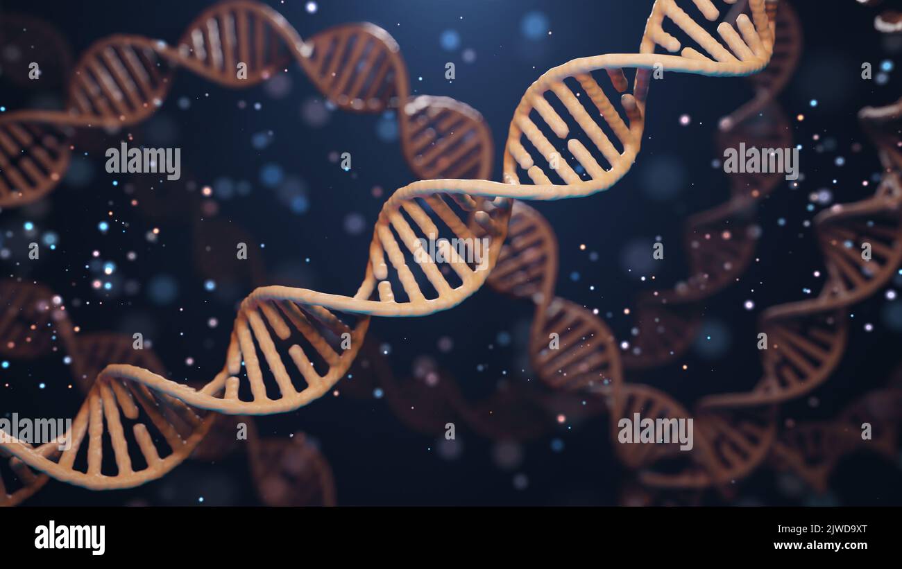 3D Abbildung. DNA-Helix auf dunkelblauem Hintergrund. Medizinisches Konzept. Stockfoto 3D Abbildung. DNA-Helix auf dunkelblauem Hintergrund. Medizinisches Konzept. Stockfoto