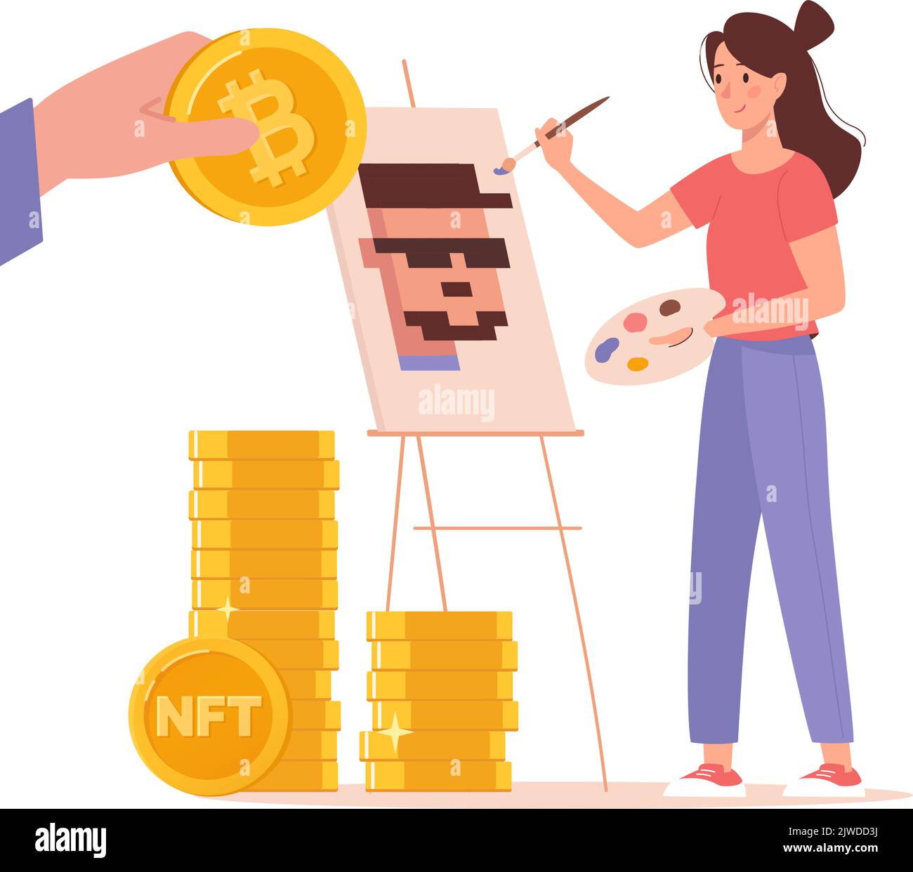 Girl Artist zeichnet Pixel-Art-Bilder und verkauft nicht-fungible Token für Kryptowährung. Kaufen Sie ein Kunstwerk online mit Bitcoins. Moderne Vektorgrafik im flachen Stil isoliert auf weißem Hintergrund. Stock Vektor
