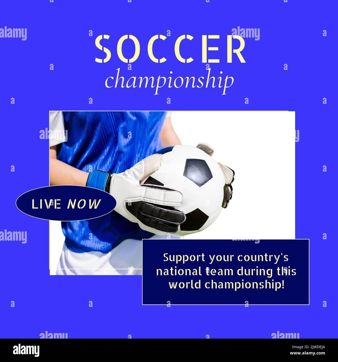 Zusammensetzung des Textes zur Fußballmeisterschaft mit einem männlichen kaukasischen Fußballspieler, der den Ball hält Stockfoto