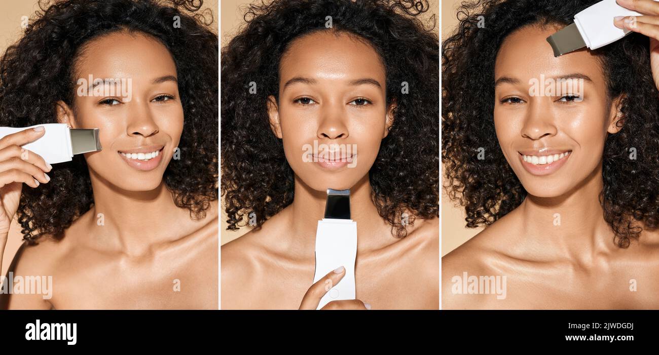 Ultraschall-Gesichtspeeling für das Gesicht einer Afroamerikanerin mit Ultraschallwäscher. Gesichtsreinigung, Verbundbild mit Konzept Stockfoto
