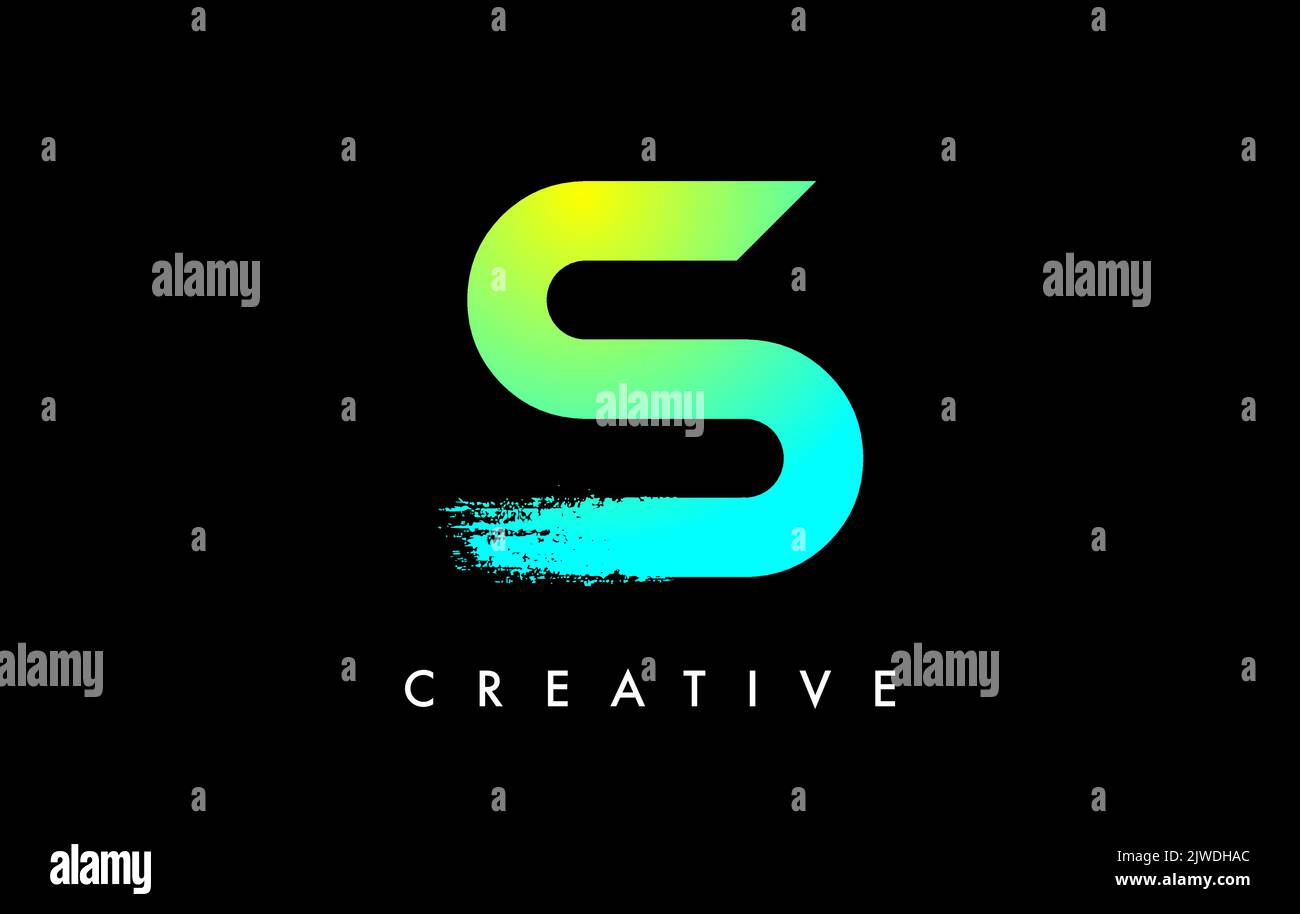 Buchstabe S Logo Icon Design mit abgerundeten Form und künstlerischen Pinsel Konturenenden. Buchstabe s in Grün Blau Electric lebendige Farbe Vektor Illustration. Stock Vektor