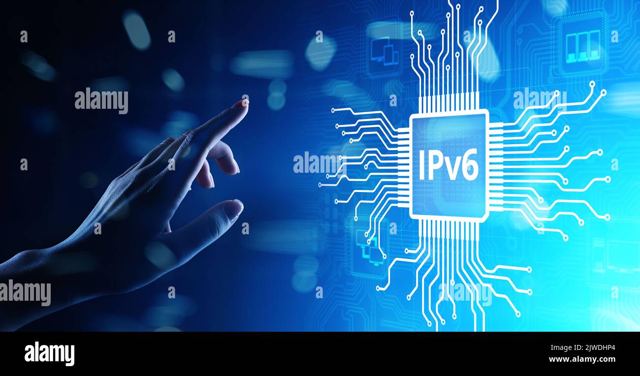 IPv6-Netzwerkprotokoll Standard-Internet-Kommunikationskonzept auf virtuellem Bildschirm. Stockfoto