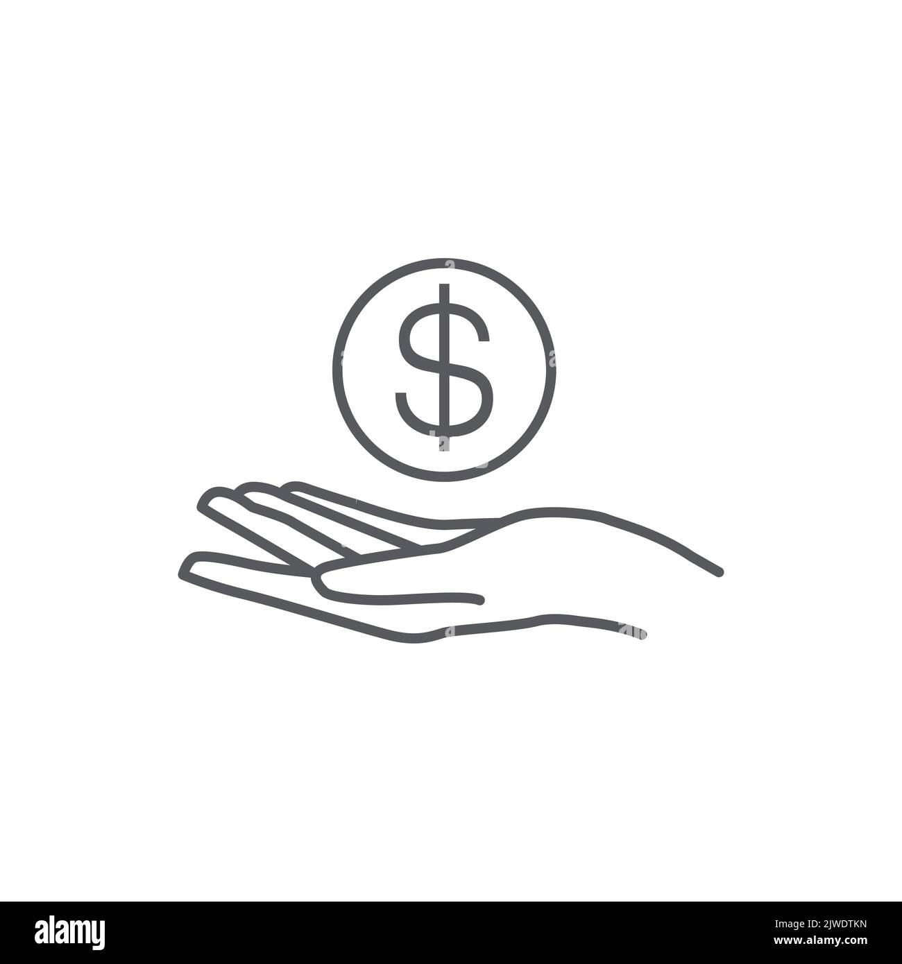 Symbol „Geld sparen“. Symbol für Gehaltsgeld. Logo von Invest Finance. Hand hält Münze lineares Symbol. Hand- und Münzvektor-Design. Cashback-Symbol. Vektorgrafik Stock Vektor