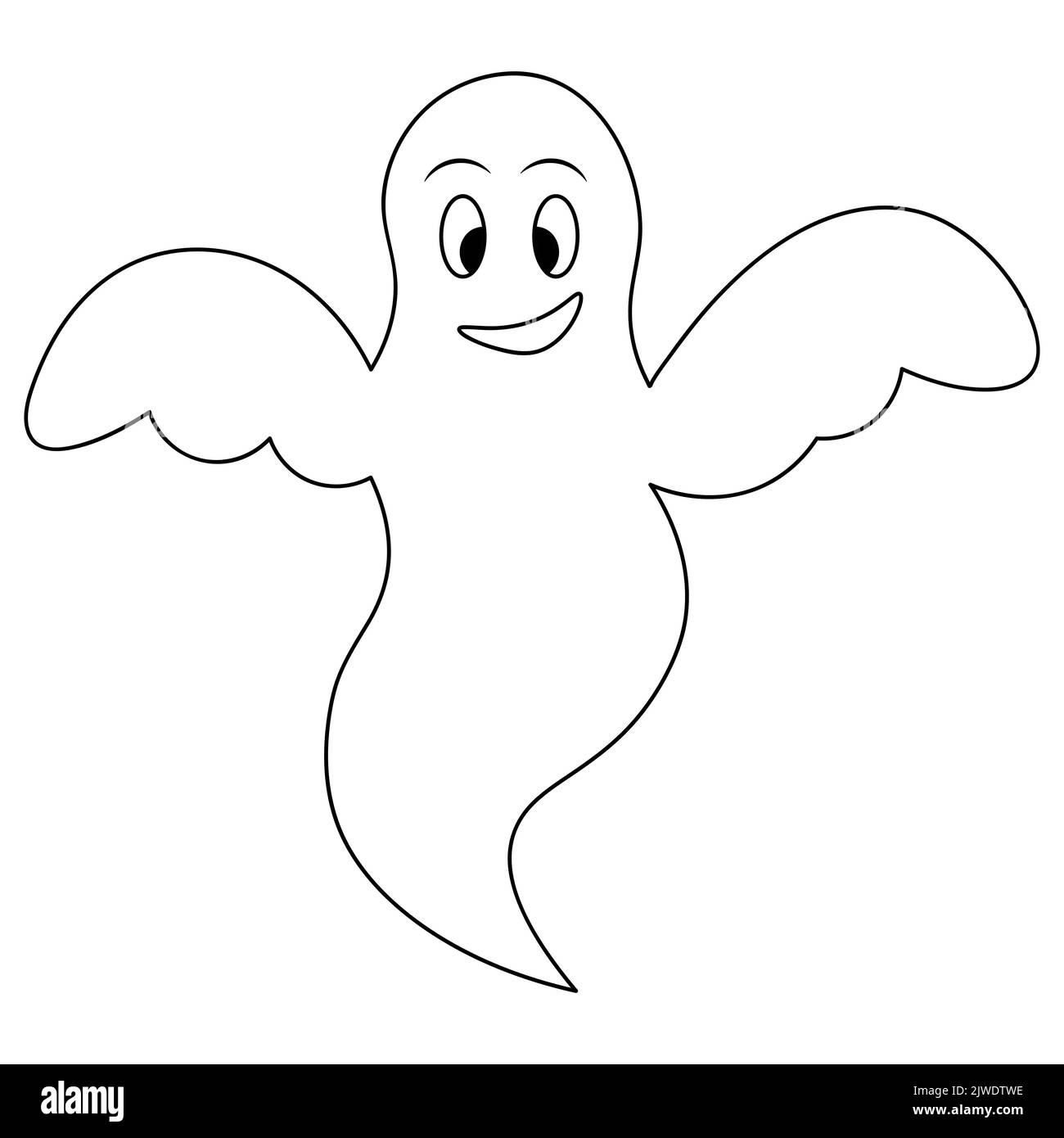 Geist. Lächelnder Gesichtsausdruck. Skizze. Halloween-Symbol. Süßer Grimasse. Weißer Leinenanzug. Geist. Vektorgrafik. Doodle-Stil. Malbuch Stock Vektor