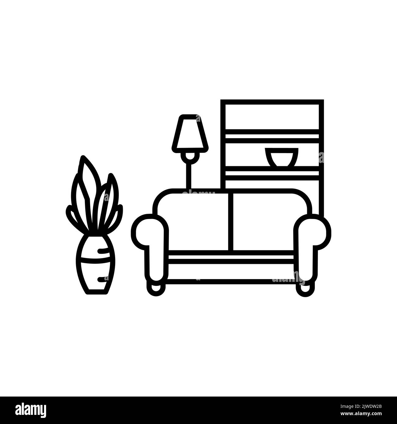 Wohnung Innenraum Pixel perfekte lineare Symbol. Wohnzimmermöbel. Gemütliches Zuhause. Couch, Sofa. Schlanke, anpassbare Illustration. Kontursymbol. Vect Stock Vektor