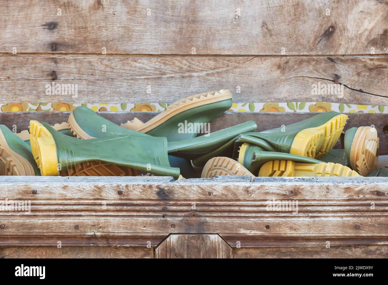 Holzkiste gefüllt mit neuen grünen Gummi-Regenstiefeln Stockfoto