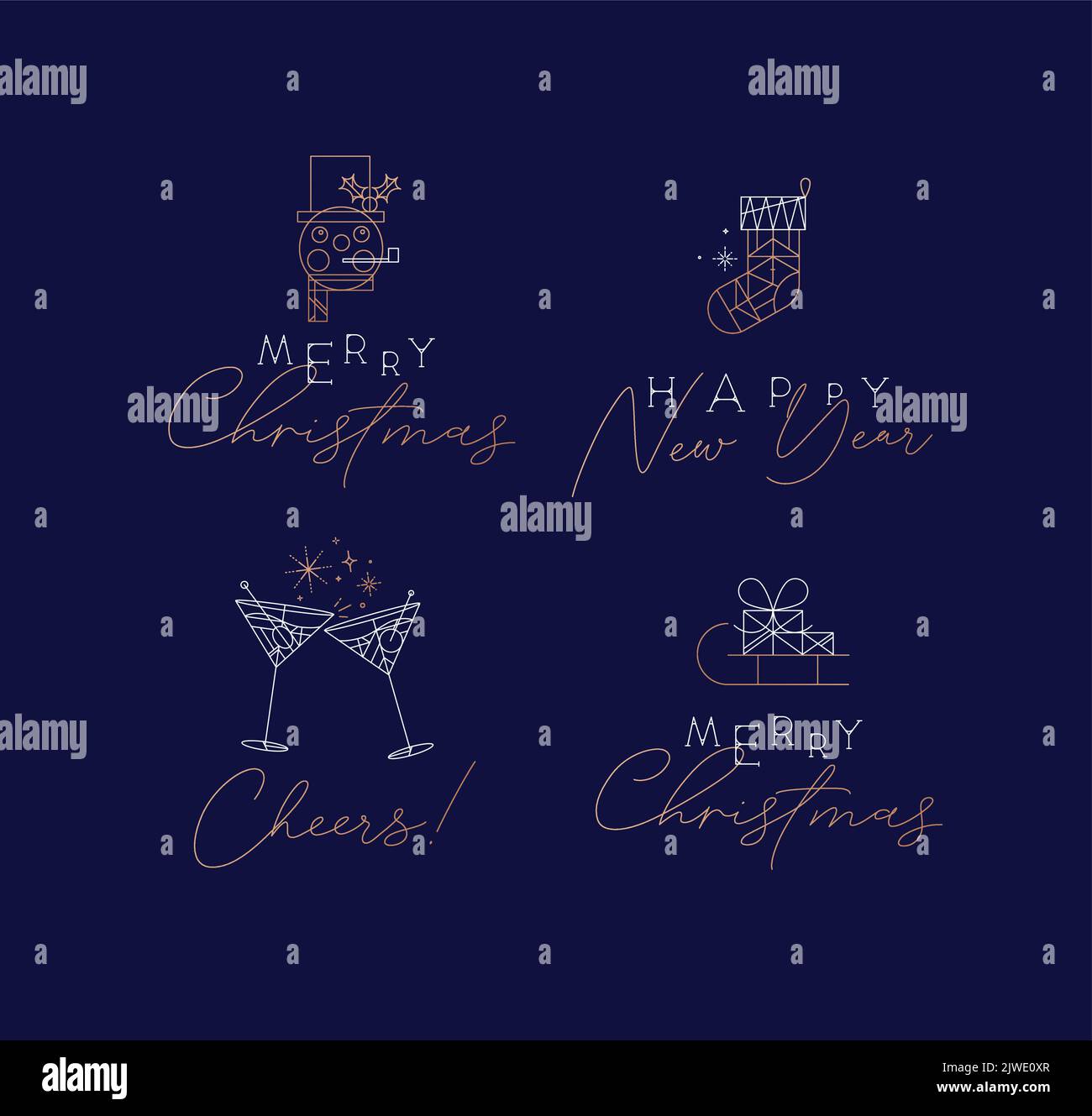 Set mit Art-Deco-Etiketten für Weihnachten und Neujahr mit Schriftzeichnung im Vintage-Stil auf blauem Hintergrund Stock Vektor