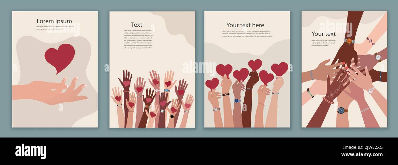Flyer - Cover mit Gruppe von Freiwilligen Diversity Menschen - editierbare Poster Vorlage.Hand up hält ein Herz in der Hand.Charity Solidarität Spende Stock Vektor