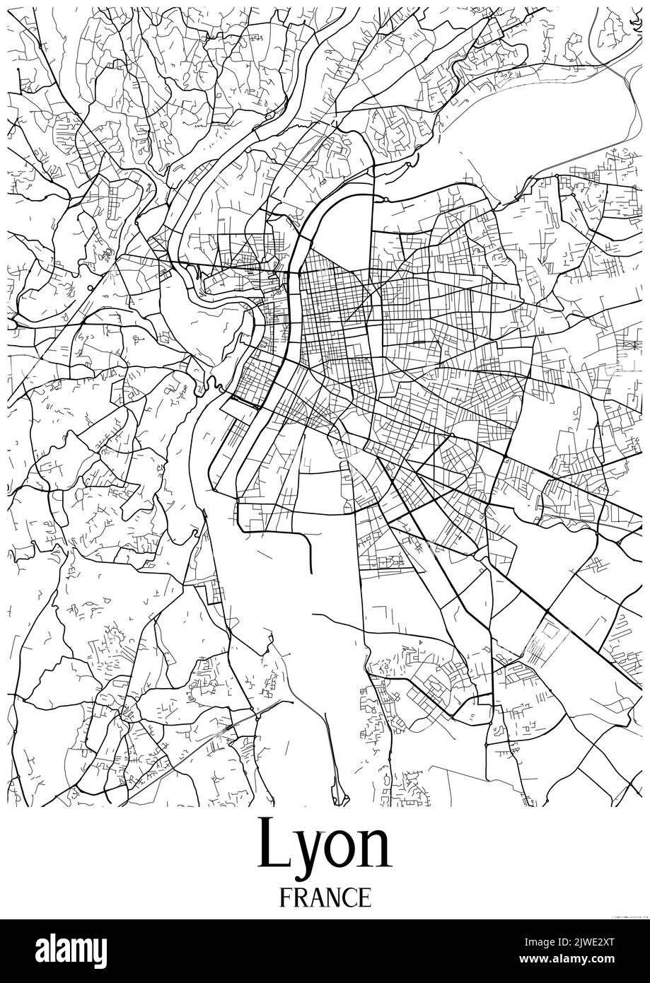 Klassische Schwarz-Weiß-Stadtkarte von Lyon Frankreich.Diese Karte enthält geografische Linien für Haupt- und Nebenstraßen. Stockfoto