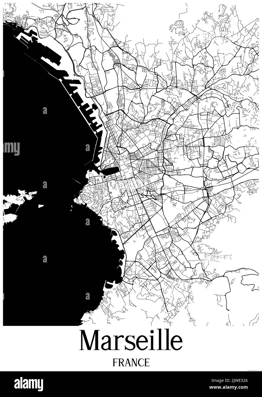 Klassische Schwarz-Weiß-Stadtkarte von Marseille Frankreich.Diese Karte enthält geografische Linien für Haupt- und Nebenstraßen. Stockfoto