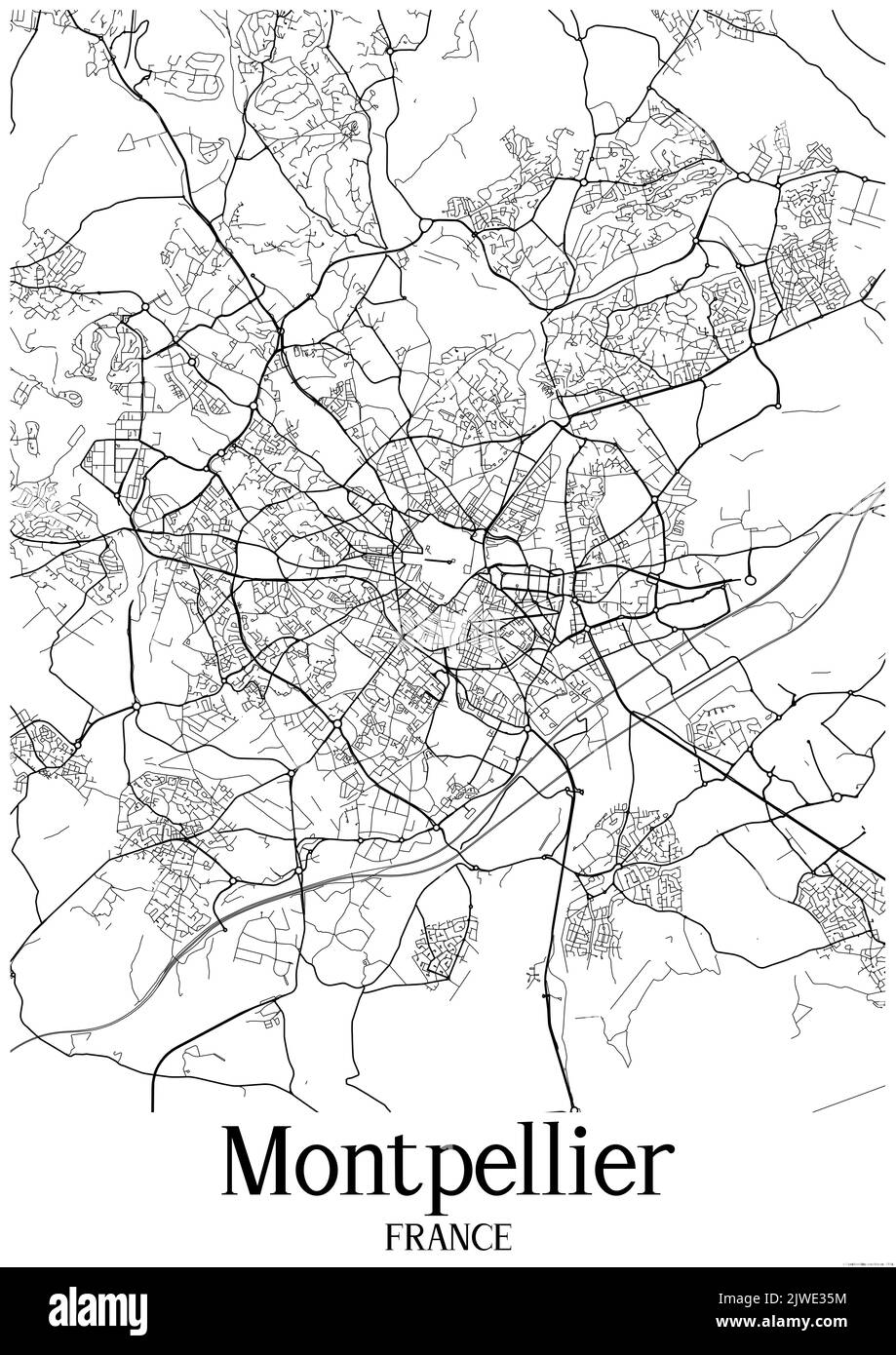 Klassische Schwarz-Weiß-Stadtkarte von Montpellier Frankreich.Diese Karte enthält geografische Linien für Haupt- und Nebenstraßen. Stockfoto