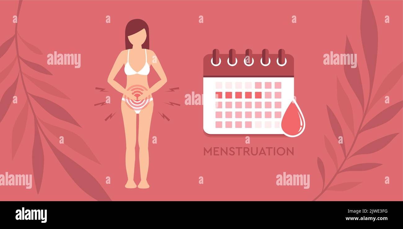 Weiblicher Körper Menstruationshygienekalender Frau mit Schmerzen Stock Vektor