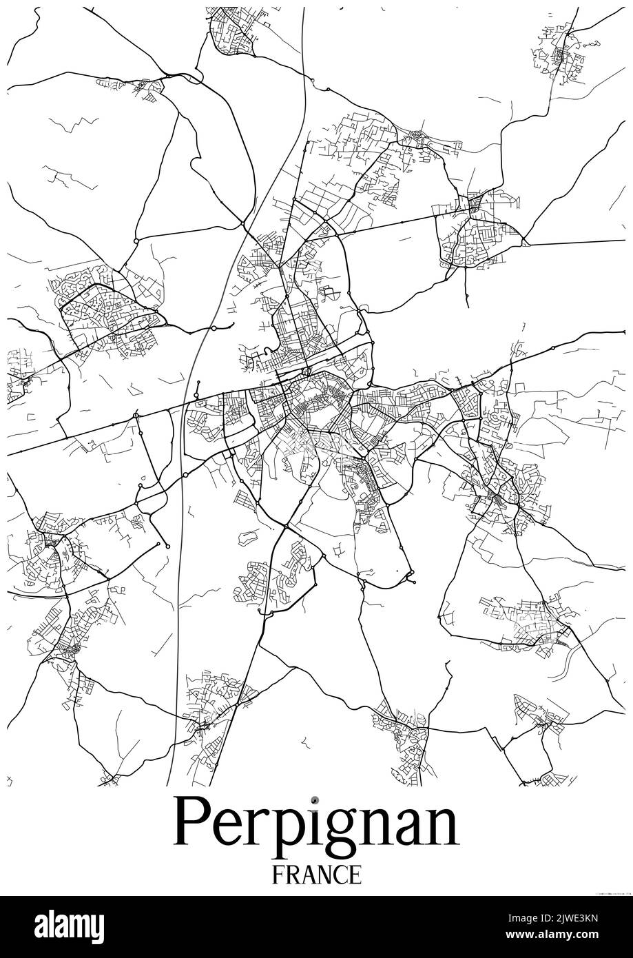 Klassische Schwarz-Weiß-Stadtkarte von Perpignan Frankreich.Diese Karte enthält geografische Linien für Haupt- und Nebenstraßen. Stockfoto