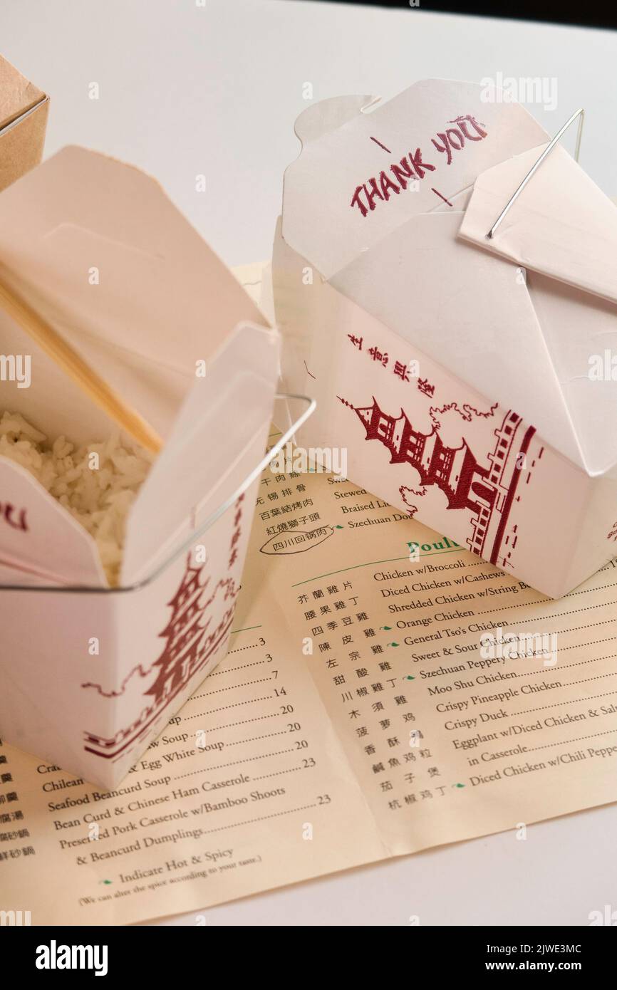 Noch leben von chinesischen Lebensmittel Lieferung mit Menü und Essstäbchen, USA 2022 Stockfoto