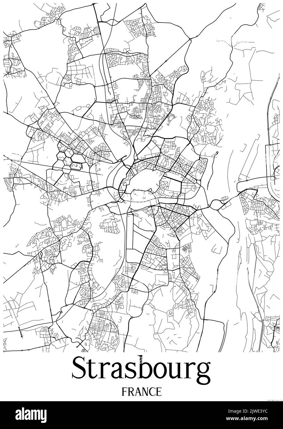 Schwarz-weiß klassische Stadtkarte von Straßburg Frankreich.Diese Karte enthält geografische Linien für Haupt- und Nebenstraßen. Stockfoto