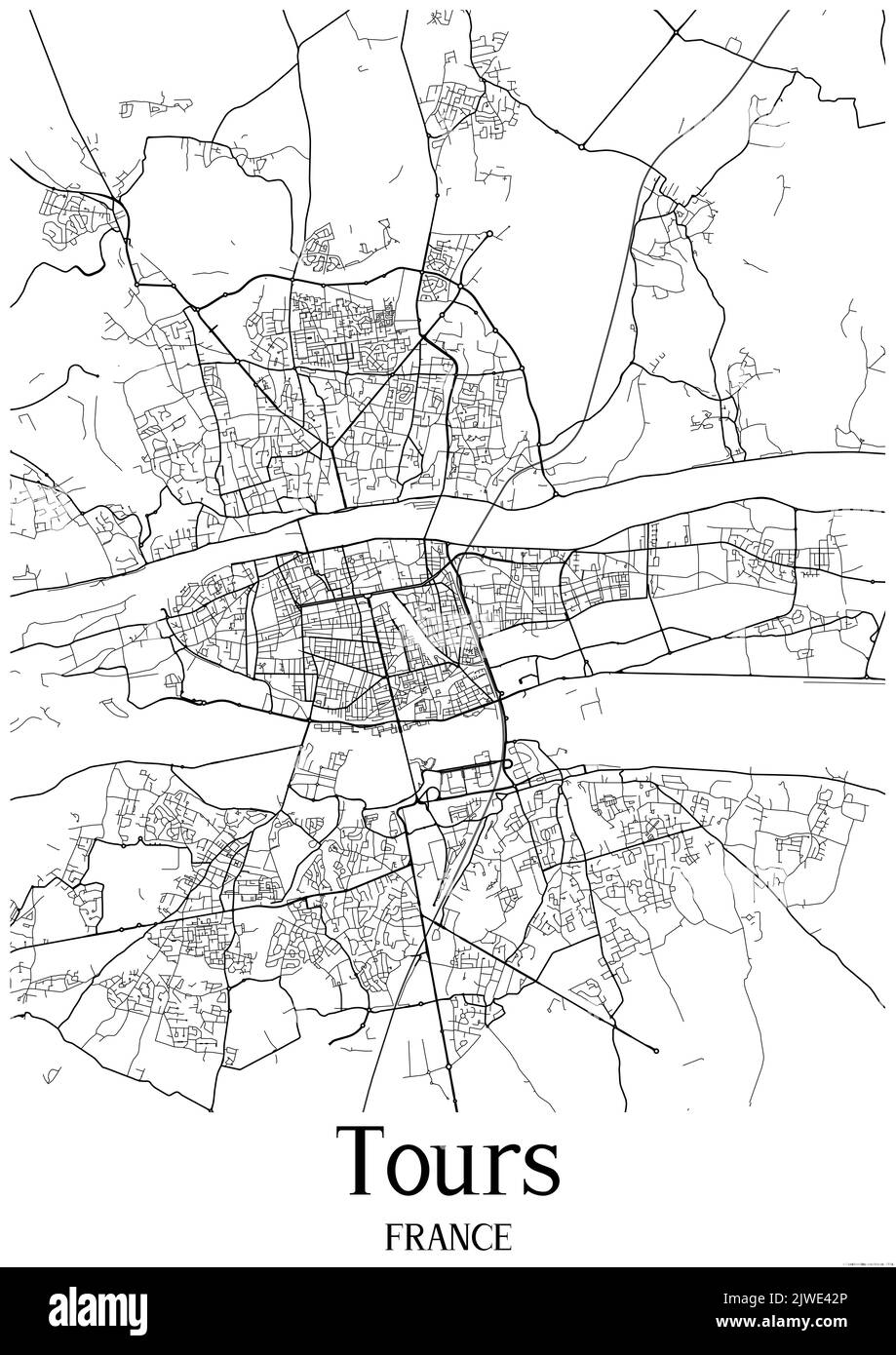 Schwarz-weiß klassische Stadtkarte von Tours France.Diese Karte enthält geografische Linien für Haupt- und Nebenstraßen. Stockfoto