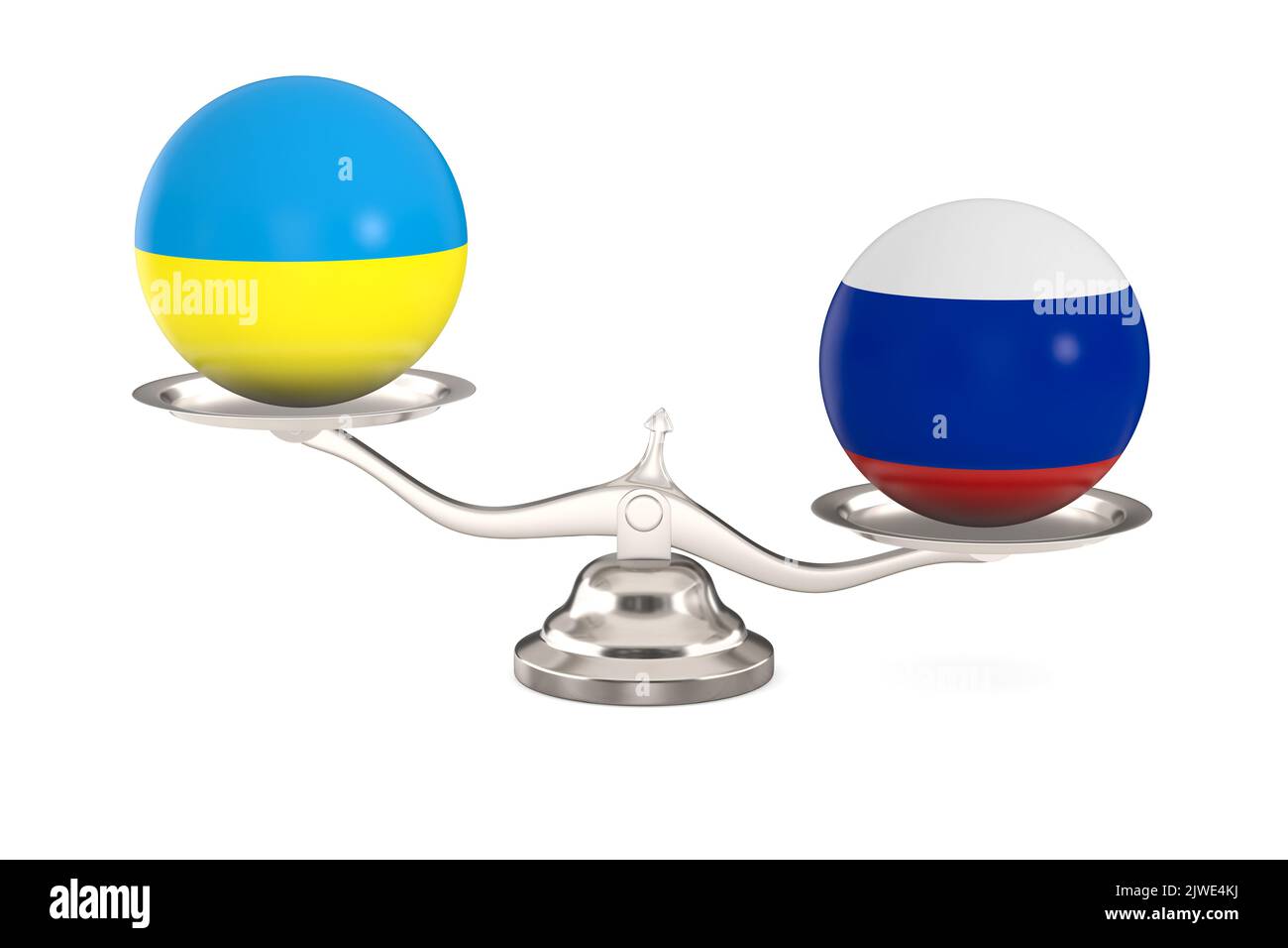Zwei Kugeln mit Flagge Russland, Ukraine und Skala auf weißem Hintergrund. Isolierte 3D-Abbildung Stockfoto