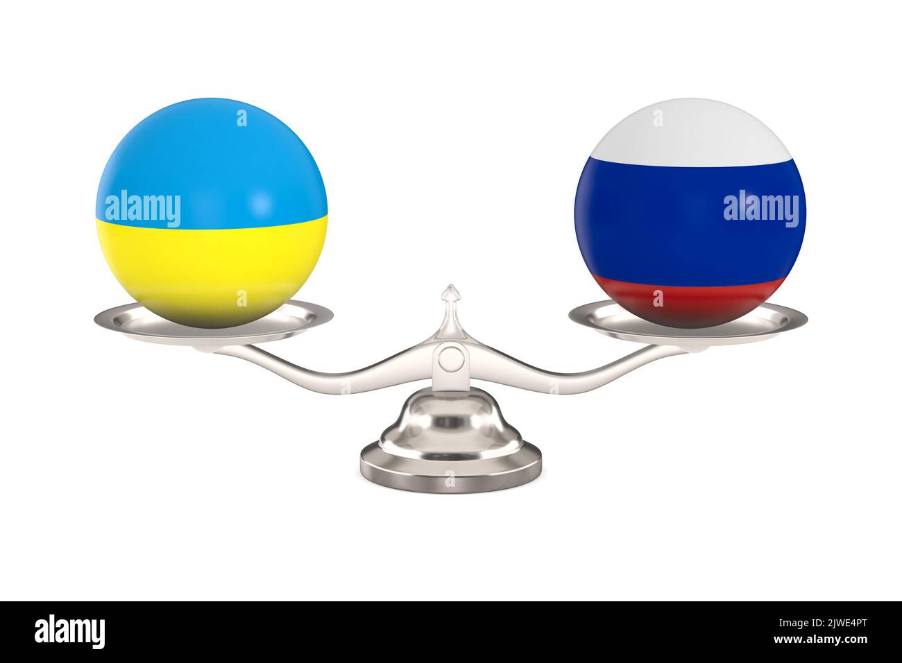 Zwei Kugeln mit Flagge Russland, Ukraine und Skala auf weißem Hintergrund. Isolierte 3D-Abbildung Stockfoto