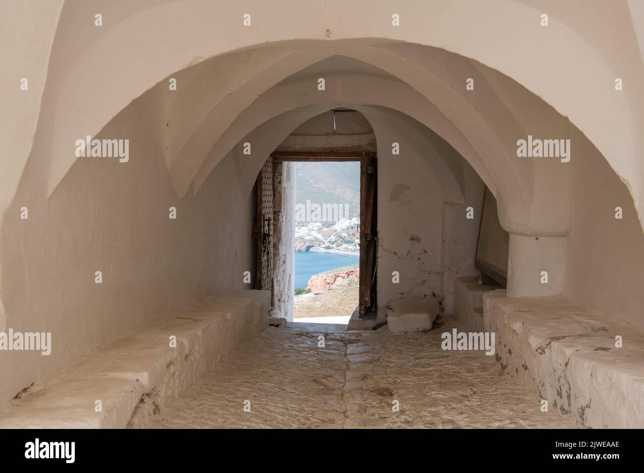 Der Eingang des Schlosses auf der Insel Astypalea in Griechenland. Stockfoto