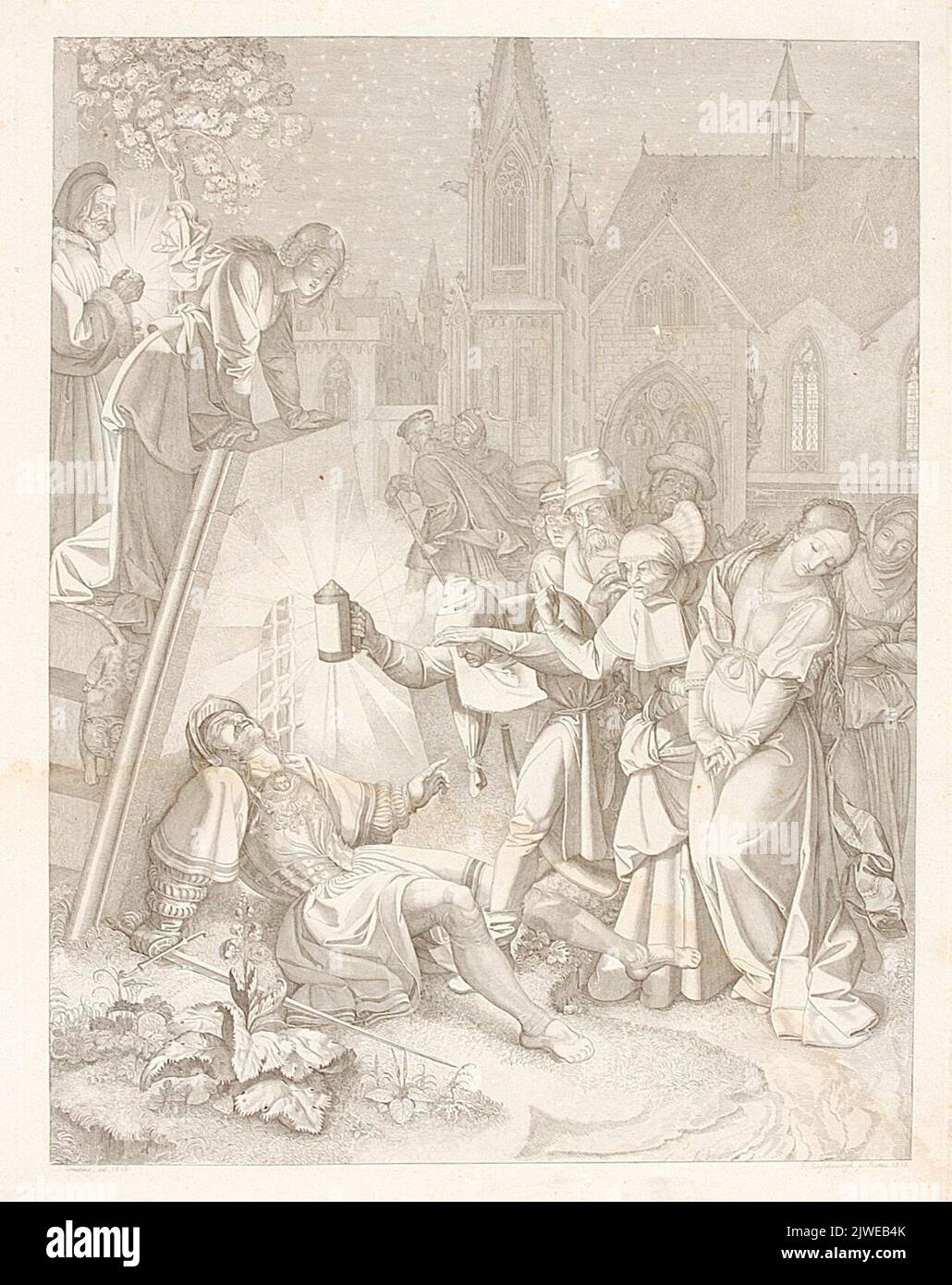 Nocne wydarzenie pod drzwiami domu Małgorzaty. Umierający Walentyn. Ruscheweyh, Ferdinand (1785-1846), Grafiker, Cornelius, Peter von (1783-1867), Zeichner, Karikaturist, Wenner, Johann Friedrich (1772-1835), Verleger Stockfoto