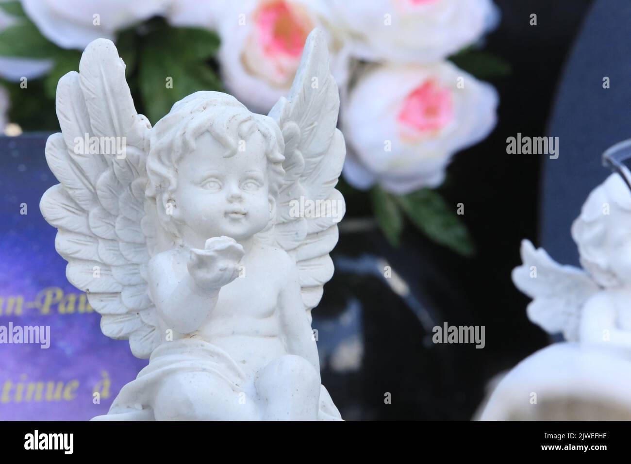 Statuette d'un ange sur une pierre tombale offrant une Rose. Saint-Gervais-les-Bains. Haute-Savoie. Auvergne-Rhône-Alpes. Frankreich. Europa. Stockfoto