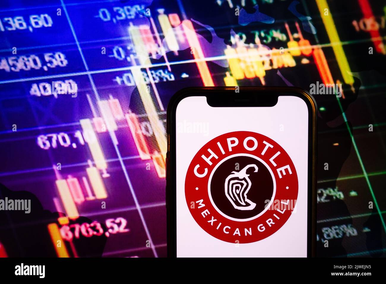 KONSKIE, POLEN - 04. September 2022: Smartphone mit Logo der Firma Chipotle Mexican Grill im Hintergrund des Börsendiagramms Stockfoto