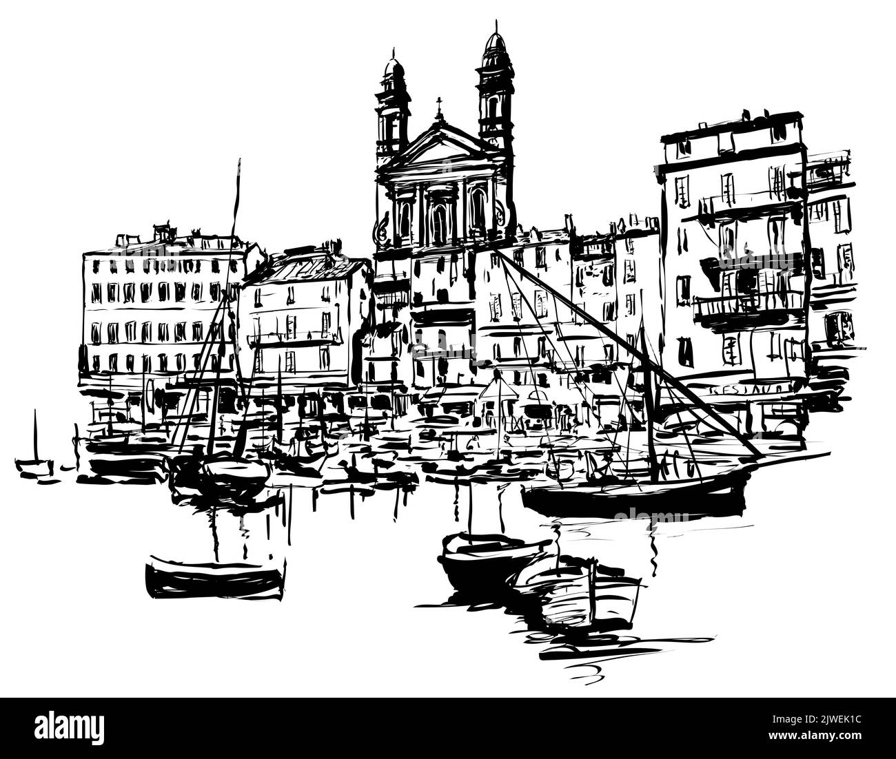 Bastia alter Hafen - Korsika, Frankreich - Vektor-Illustration (ideal für den Druck auf Stoff oder Papier, Poster oder Tapeten, Hausdekoration) Stock Vektor