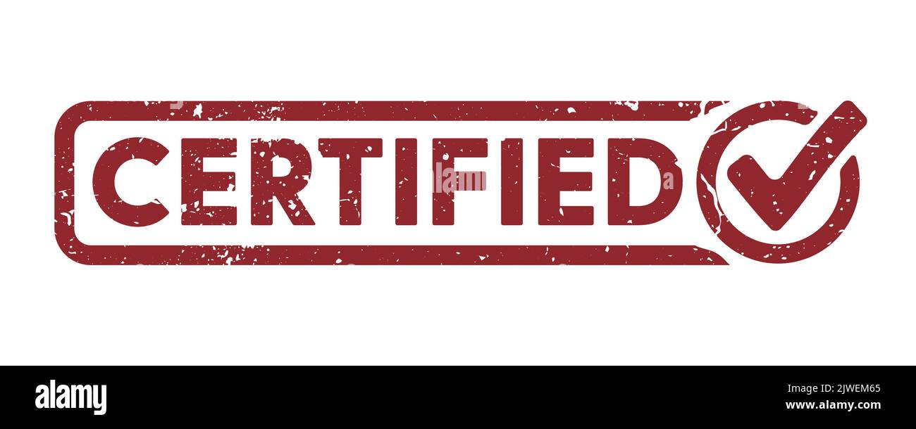 Grauroter ZERTIFIZIERTER Gummistempel mit Häkchen isoliert auf weißem Hintergrund, Vektorgrafik Stock Vektor