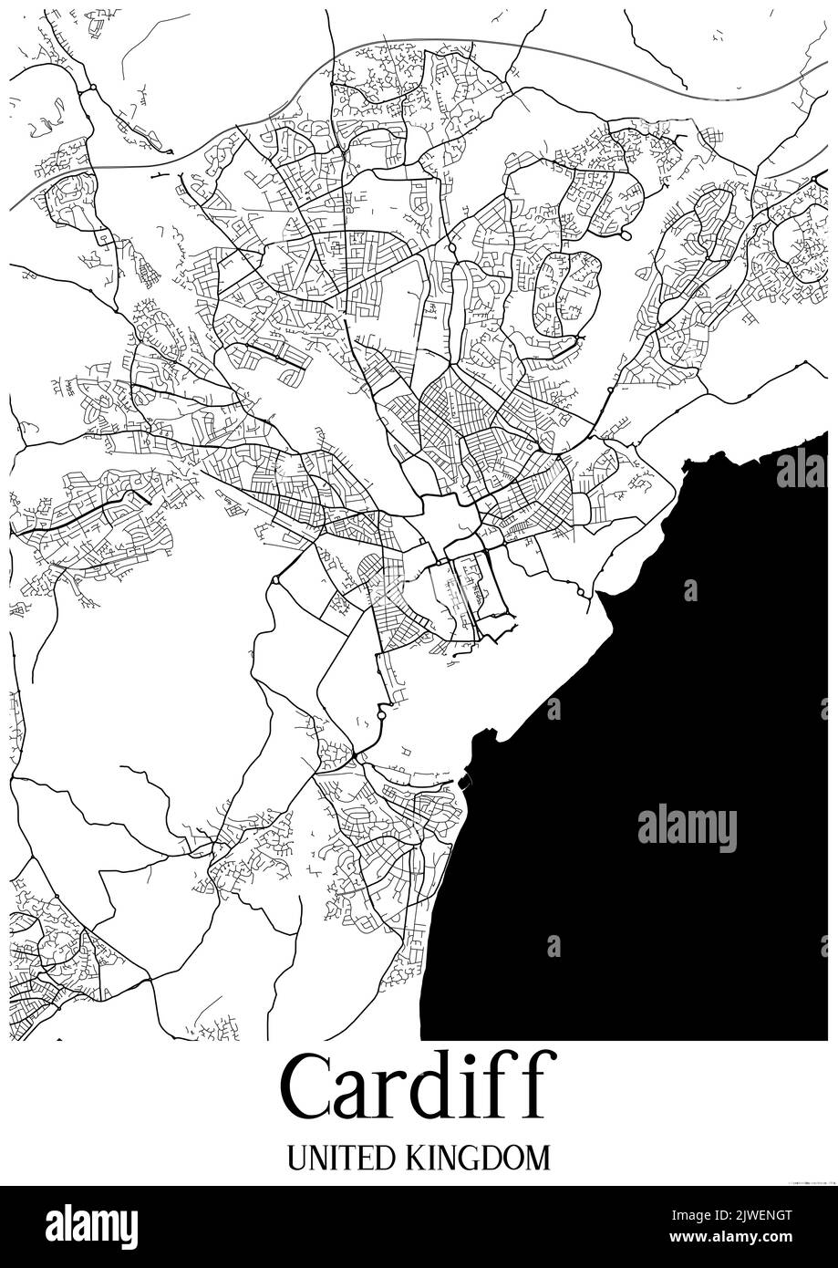 Klassische Schwarz-Weiß-Stadtkarte von Cardiff, Vereinigtes Königreich.Diese Karte enthält geografische Linien für Haupt- und Nebenstraßen. Stockfoto