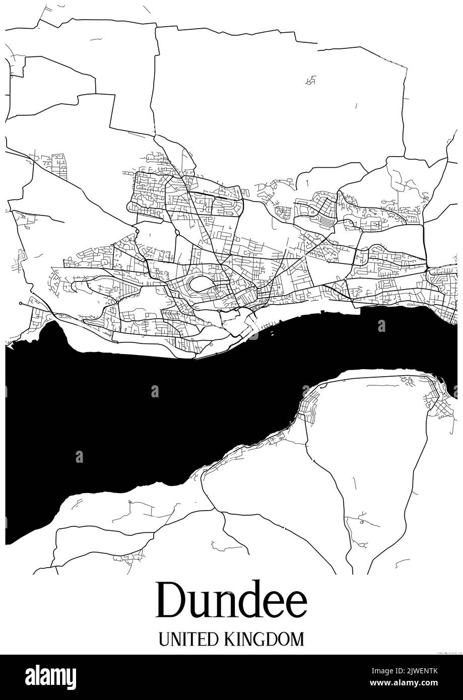 Klassische Schwarz-Weiß-Stadtkarte von Dundee Vereinigtes Königreich.Diese Karte enthält geografische Linien für Haupt- und Nebenstraßen. Stockfoto