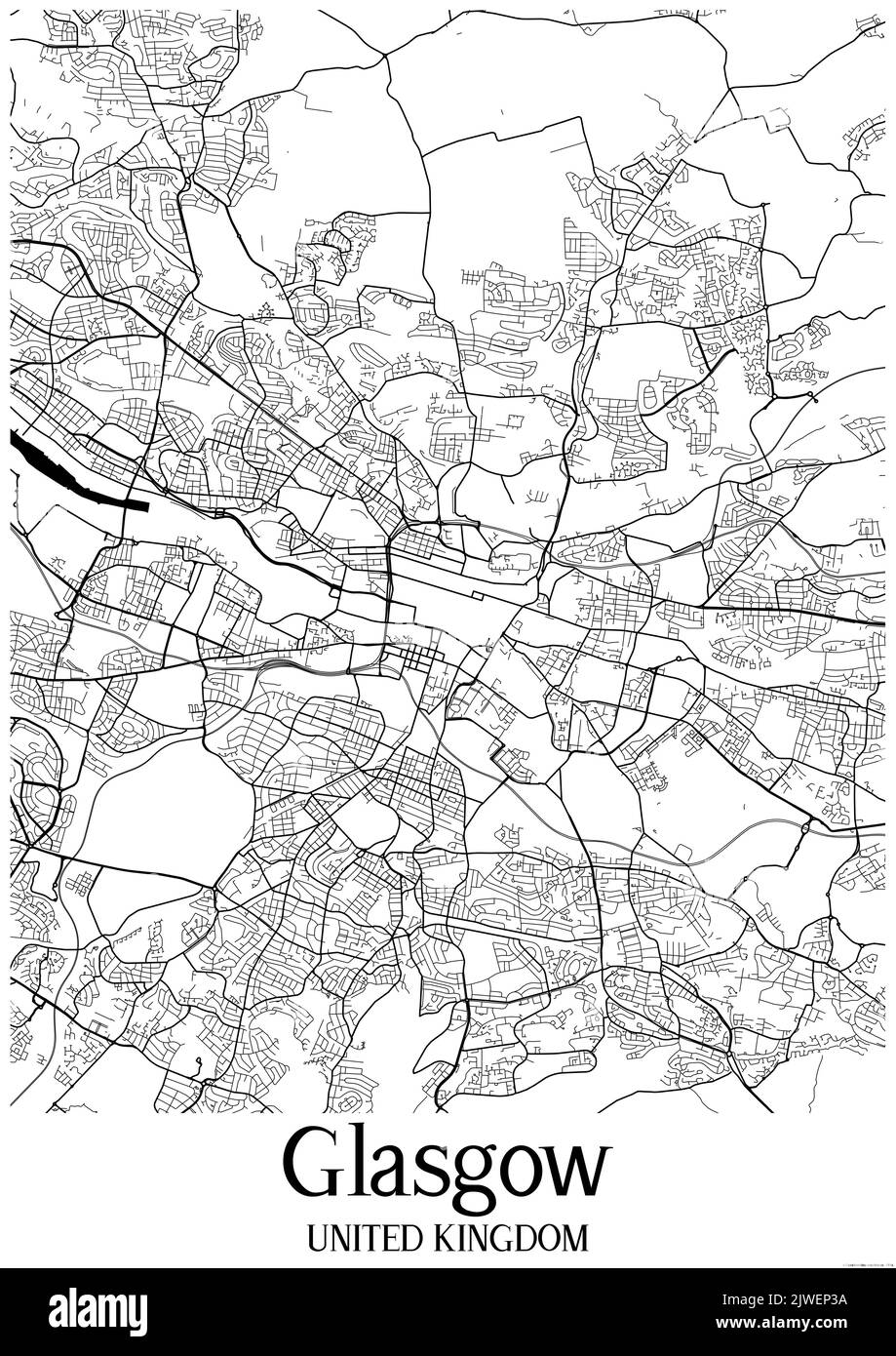 Klassische Schwarz-Weiß-Stadtkarte von Glasgow Vereinigtes Königreich.Diese Karte enthält geografische Linien für Haupt- und Nebenstraßen. Stockfoto