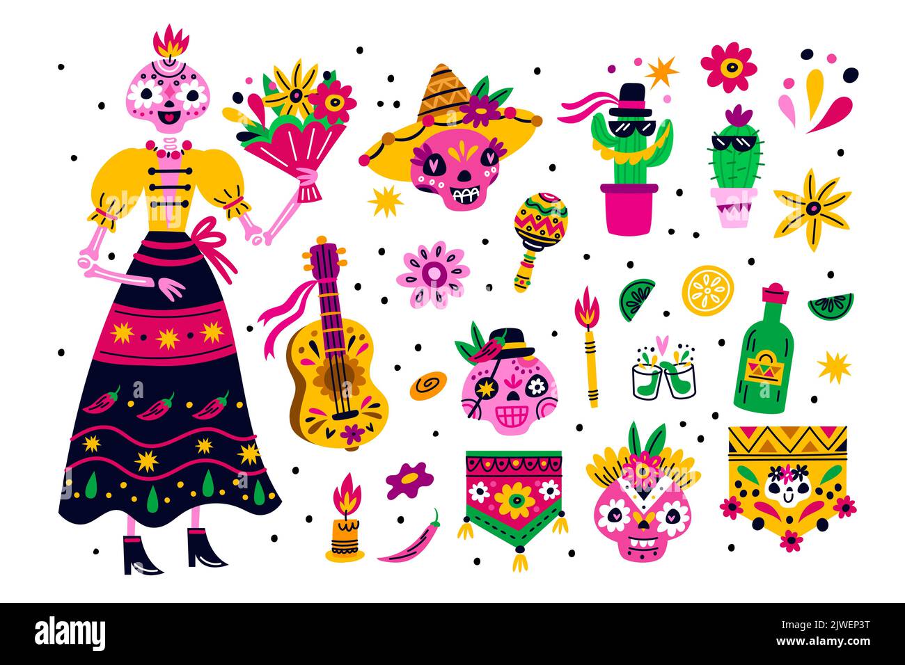 Tag des Todes. Traditioneller mexikanischer Urlaub. Helle Symbole. Dekorative Schädel oder Blumen. Musikinstrument. Latino-Fiesta. Catrina-Skelett. Muertos Stock Vektor