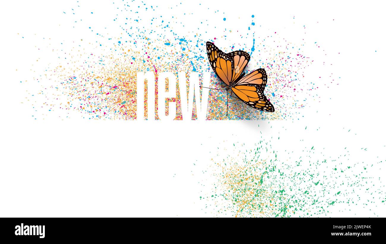 Abstraktes konzeptionelles Design mit dem Wort „New“ und „Iconic Butterfly“ vor Tintenspritzern oder spritzerem Grafikhintergrund. Für inspirierende, Stockfoto