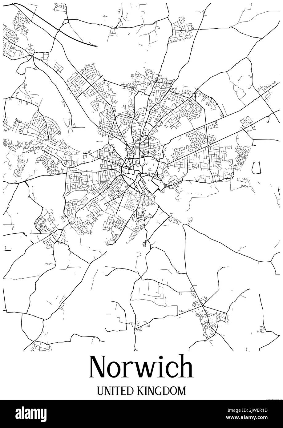 Klassische Schwarz-Weiß-Stadtkarte von Norwich Vereinigtes Königreich.Diese Karte enthält geografische Linien für Haupt- und Nebenstraßen. Stockfoto