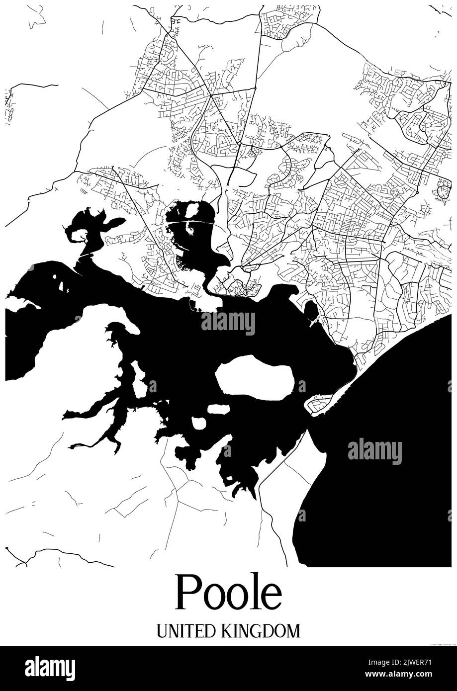 Klassische Schwarz-Weiß-Stadtkarte von Poole Vereinigtes Königreich.Diese Karte enthält geografische Linien für Haupt- und Nebenstraßen. Stockfoto