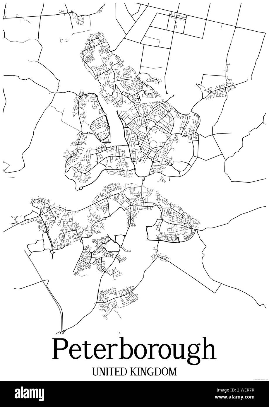 Klassische Schwarz-Weiß-Stadtkarte von Peterborough Vereinigtes Königreich.Diese Karte enthält geografische Linien für Haupt- und Nebenstraßen. Stockfoto