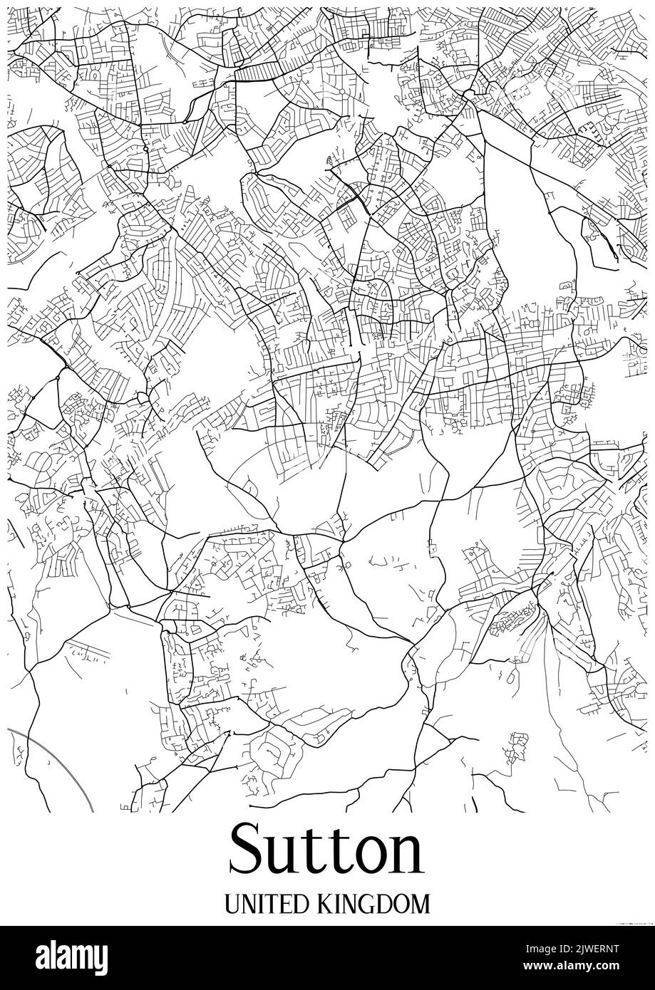 Klassische Schwarz-Weiß-Stadtkarte von Suton, Vereinigtes Königreich.Diese Karte enthält geografische Linien für Haupt- und Nebenstraßen. Stockfoto