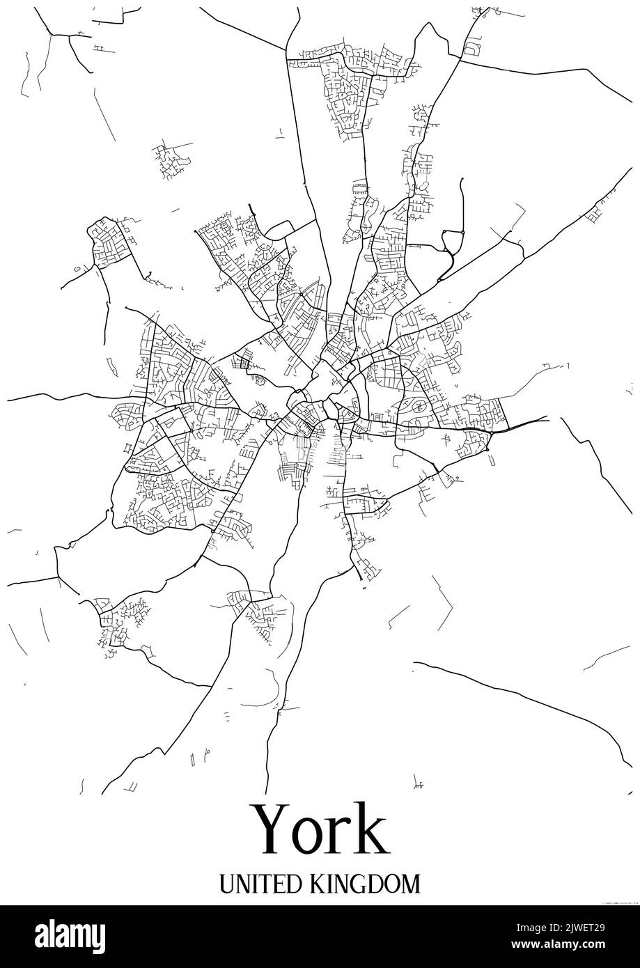 Schwarz-weiße Stadtkarte von York Vereinigtes Königreich.Diese Karte enthält geografische Linien für Haupt- und Nebenstraßen. Stockfoto