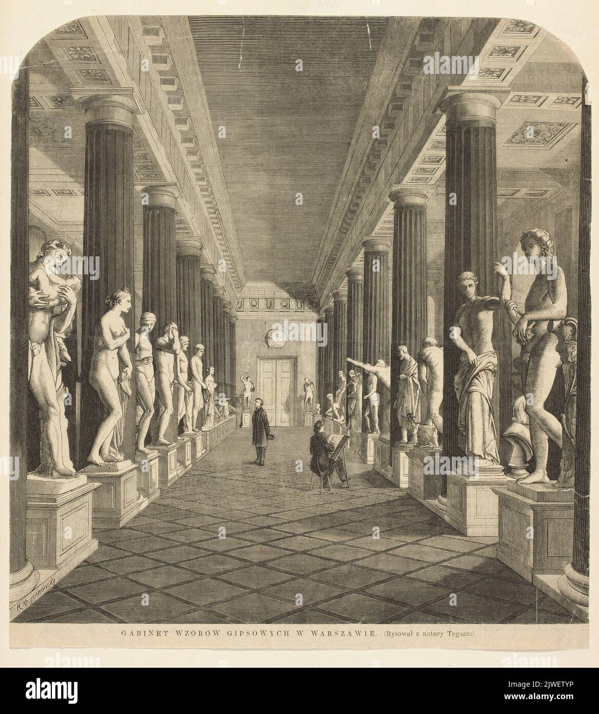 'Gabinet Wzorów Gipsowych w Warszawie' [Gabinet Rzeźb i Odlewów Gipsowych Muzeum Sztuk Pięknych w Warszawie w sali kolumnowej na parterze Gabinetu Zoologicznego B. Uniwersytetu Warszawskiego] ; z: 'Tygodnik Illustowany', 1866/I/124. Tegazzo, Franciszek (1829-1879), Zeichner, Karikaturist, Krzyżanowski, Kazimierz (fl. 1863-1878), Holzfäller Stockfoto