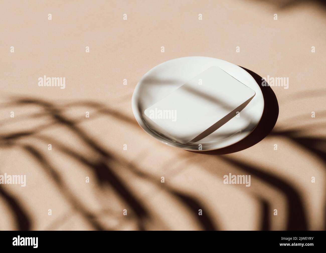 Weiße Visitenkarte Branding Mockup Vorlage auf weißem Teller im trockenen Palmschatten Hintergrund Design-Element für Hochzeit Einladung, Dankeskarte, Gruß Stockfoto