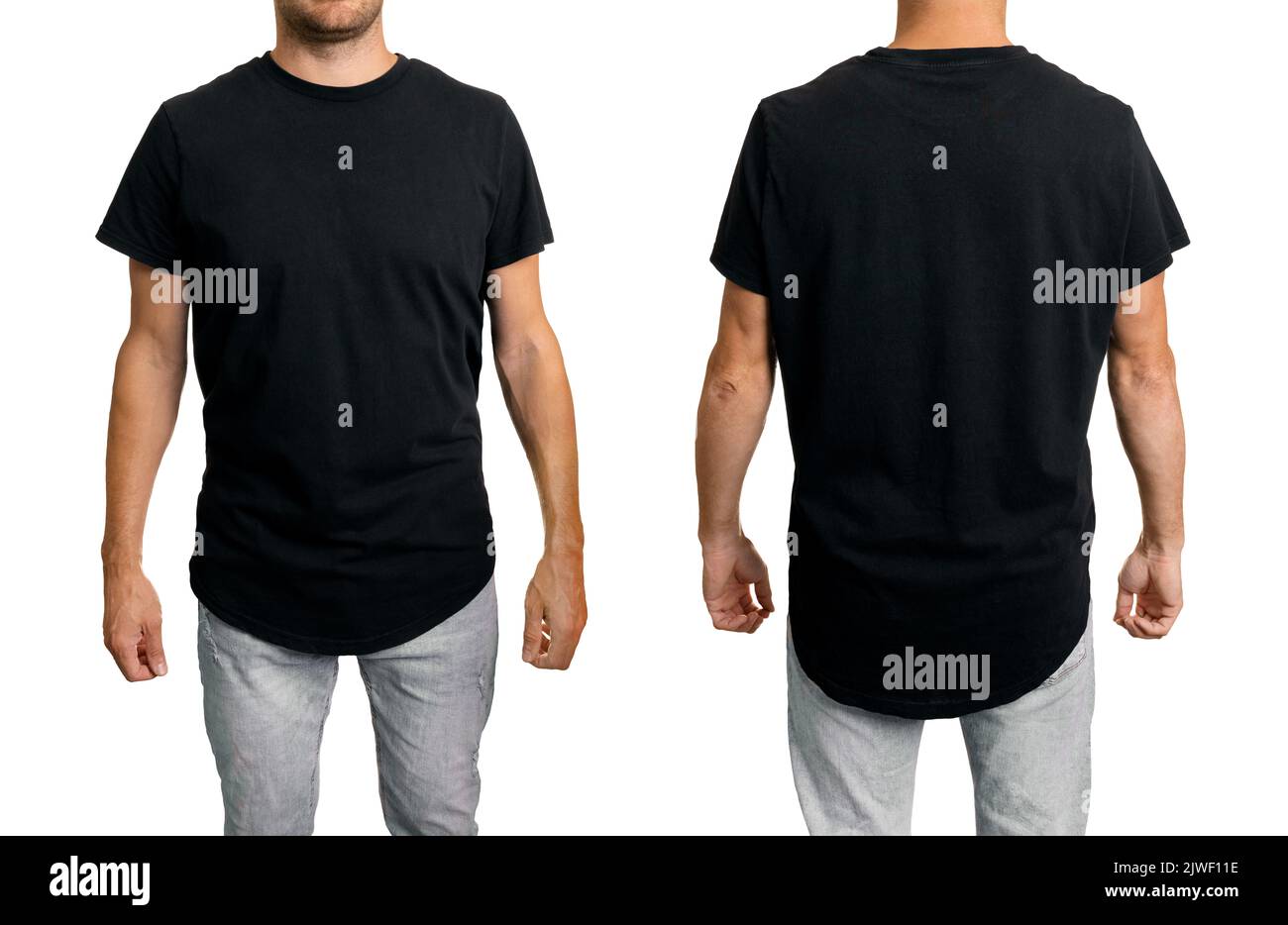Mann in schwarz blank lange fit T-Shirt. Vorne und hinten Modell Vorlage für Design. Isoliert auf weißem Hintergrund Stockfoto