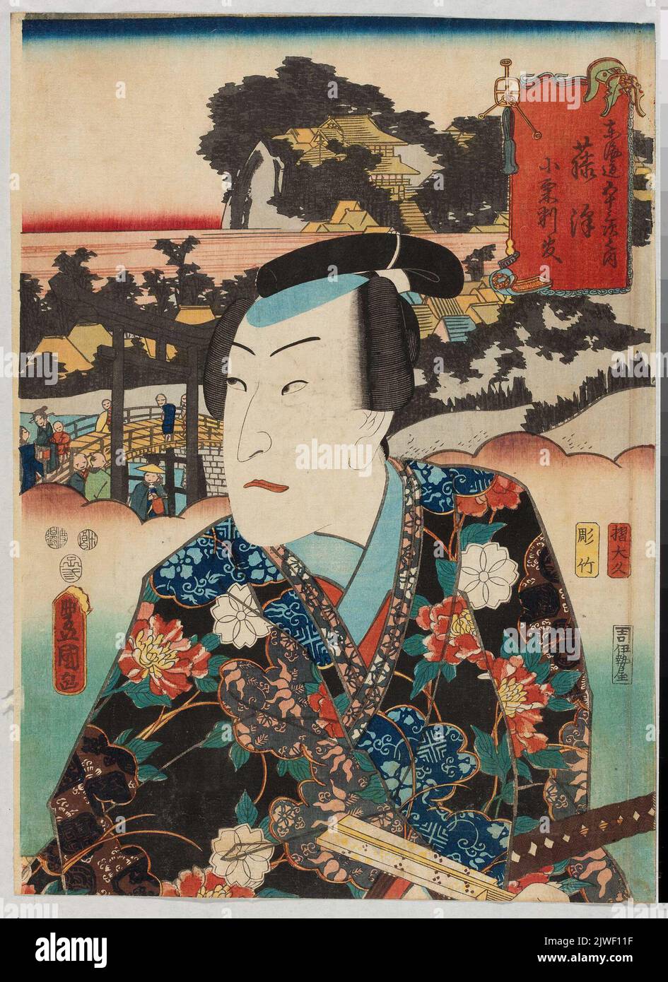 Schauspieler Bando Hikosaburo V als Oguri Hangan na gegen den Blick auf Fujisawa, Station sechs des Tokaido; Druck aus der Serie: „53 Stationen des Tokaido“. Utagawa, Kunisada I (1786-1864), Grafiker Stockfoto