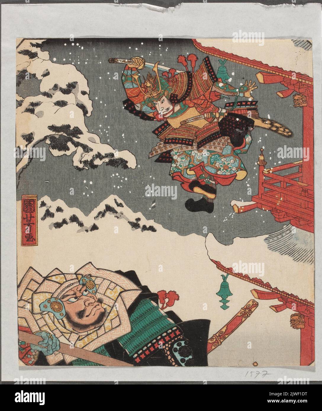 Sato Tadanobu, gekleidet in Yoshitsunes Rüstung, springt vom Dach, um gegen den Kriegermönch Yokogawa Kakuhan zu kämpfen. Utagawa, Kuniyoshi (1798-1861), Grafiker Stockfoto