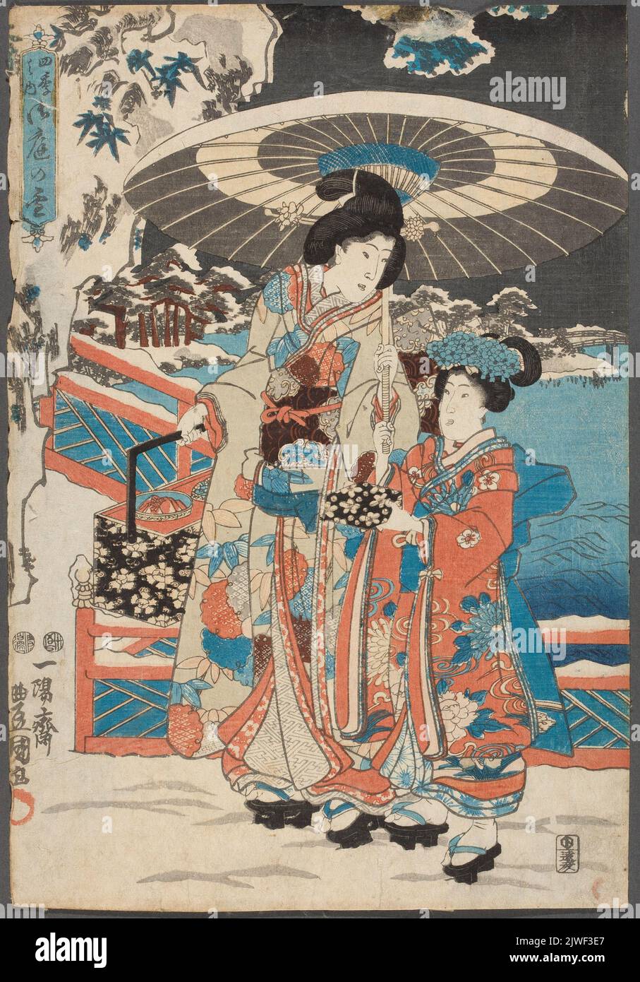 Mutter und Mädchen mit Geschenken für Gottheiten auf verschneite Terrasse. Utagawa, Kunisada I (1786-1864), Grafiker Stockfoto