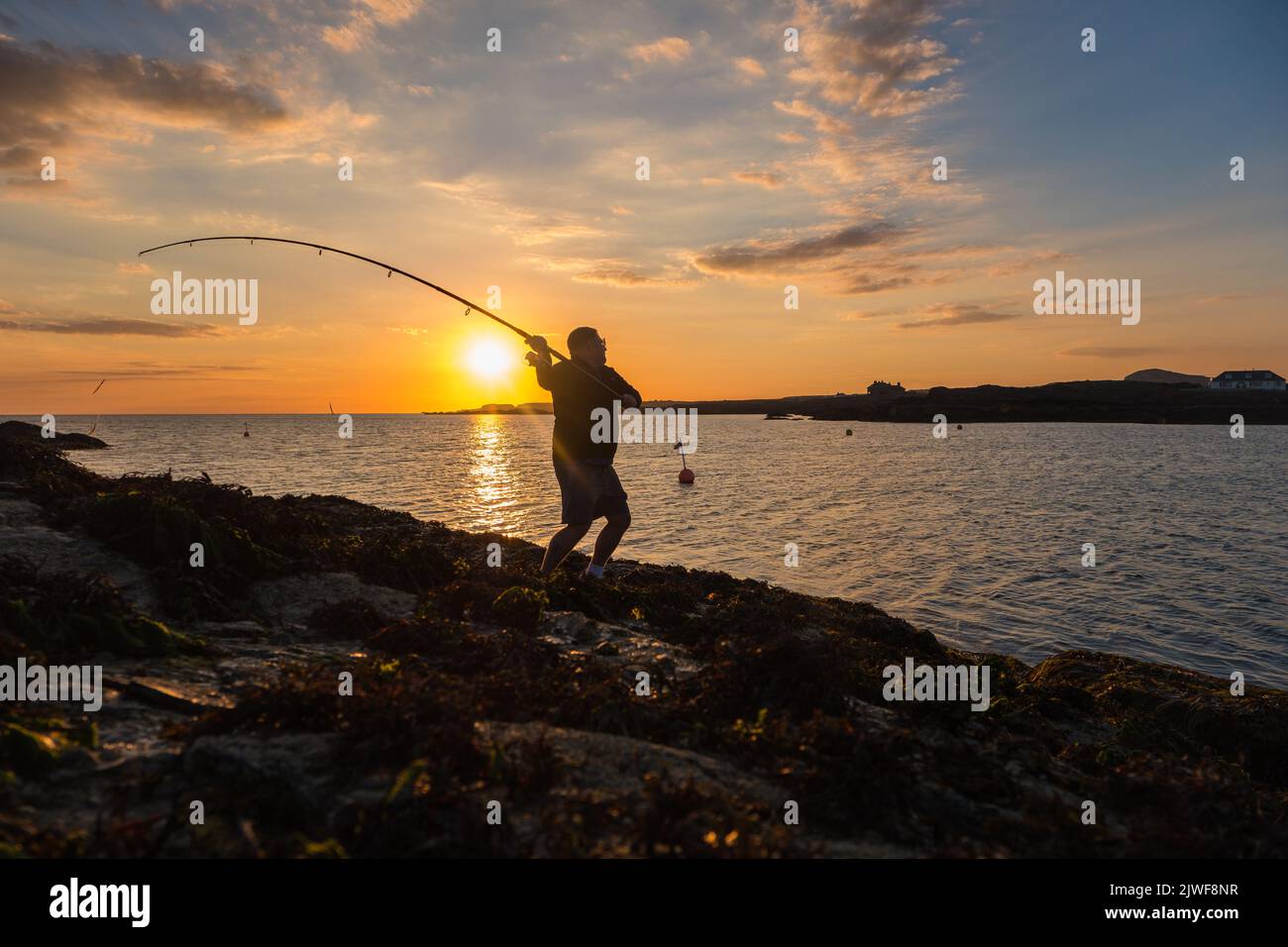 Mann, der in Trearddur Bay, Anglesey, Wales, eine Angelschnur ins Meer wirft Stockfoto