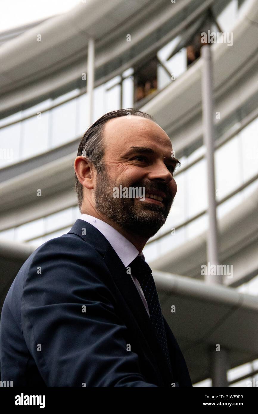 Édouard Charles Philippe ist ein französischer Politiker, der seit 2020 als Bürgermeister von Le Havre tätig ist und das Amt zuvor von 2010 bis 2017 inne hatte. Vom 15. Mai 2017 bis zum 3. Juli 2020 war er unter Präsident Emmanuel Macron Premierminister von Frankreich. Bretagne, Frankreich. Stockfoto