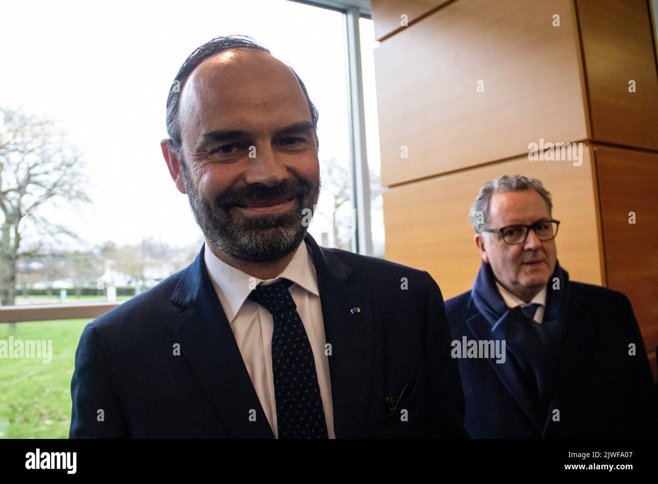 Édouard Charles Philippe ist ein französischer Politiker, der seit 2020 als Bürgermeister von Le Havre tätig ist und das Amt zuvor von 2010 bis 2017 inne hatte. Vom 15. Mai 2017 bis zum 3. Juli 2020 war er unter Präsident Emmanuel Macron Premierminister von Frankreich. Bretagne, Frankreich. Stockfoto