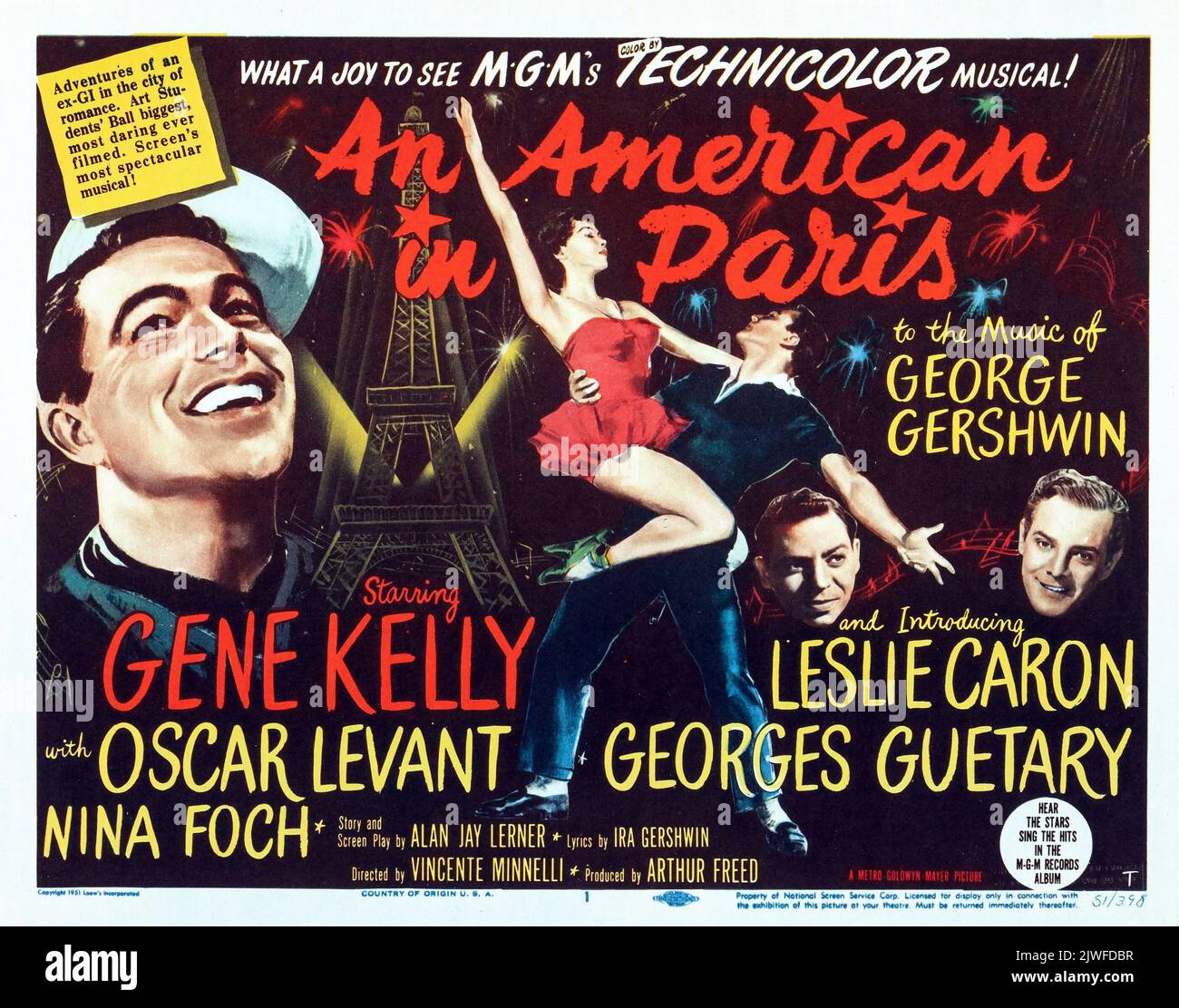 Ein Amerikaner in Paris (MGM, 1951). Lobby-Karte Mit Vintage-Titel. Eine musikalische Meisterleistung Gene Kelly, Leslie Caron, Oscar Levant, Georges Guetary, Nina Foch. Stockfoto