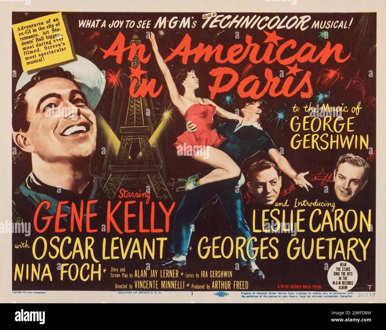 Ein Amerikaner in Paris (MGM, 1951). Lobby-Karte Mit Vintage-Titel. Eine musikalische Meisterleistung Gene Kelly, Leslie Caron, Oscar Levant, Georges Guetary, Nina Foch. Stockfoto